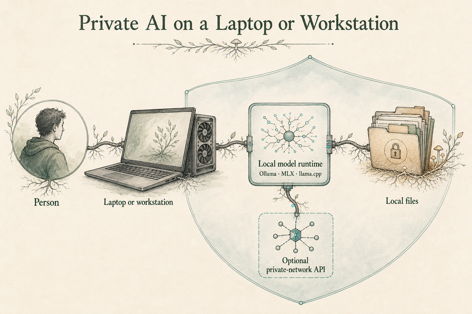 Private AI on a laptop or workstation — a person connected to a local model runtime on an encrypted workstation with local files inside a protected boundary.