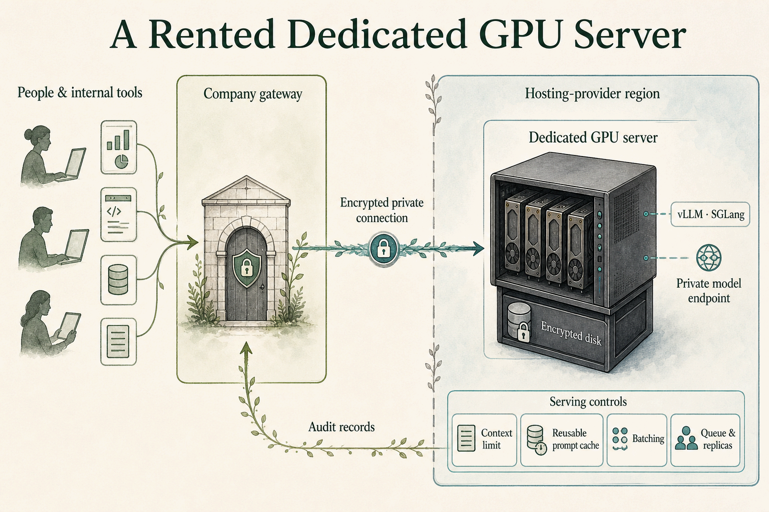 A dedicated rented GPU server in an approved region, reached from a company gateway through an encrypted private connection.